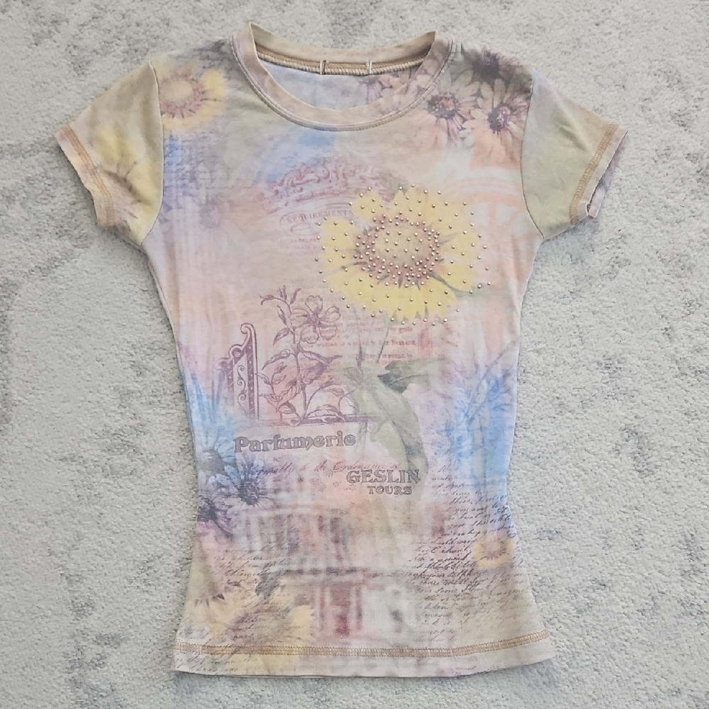 Vintage y2k ONE WORLD Yellow And Pink Rhinestone Flower Tee In Perfect Condition